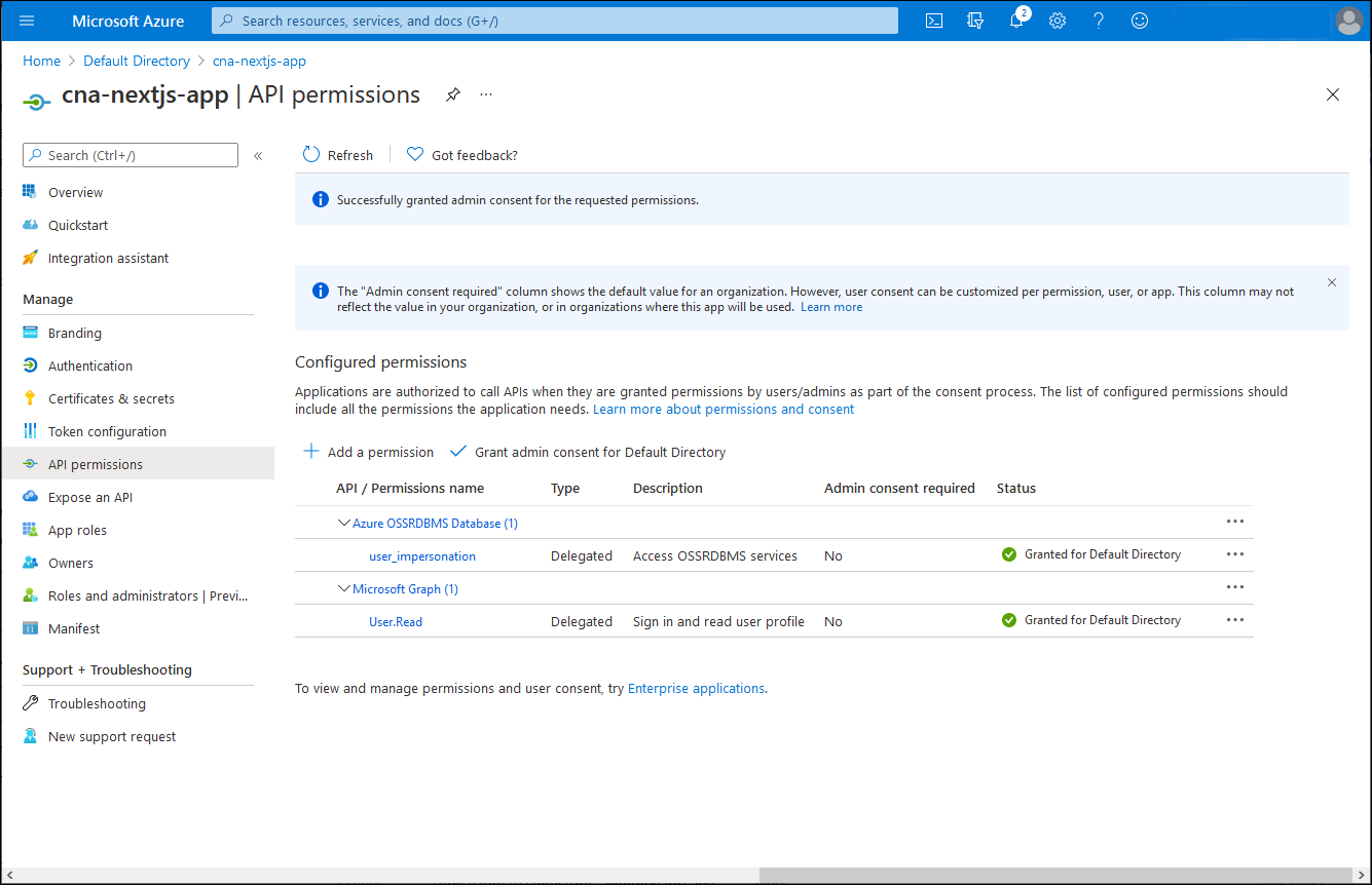 Schermopname van de blade API-machtigingen voor canjs-app in Azure Portal, met de toestemming en machtigingen verleend.