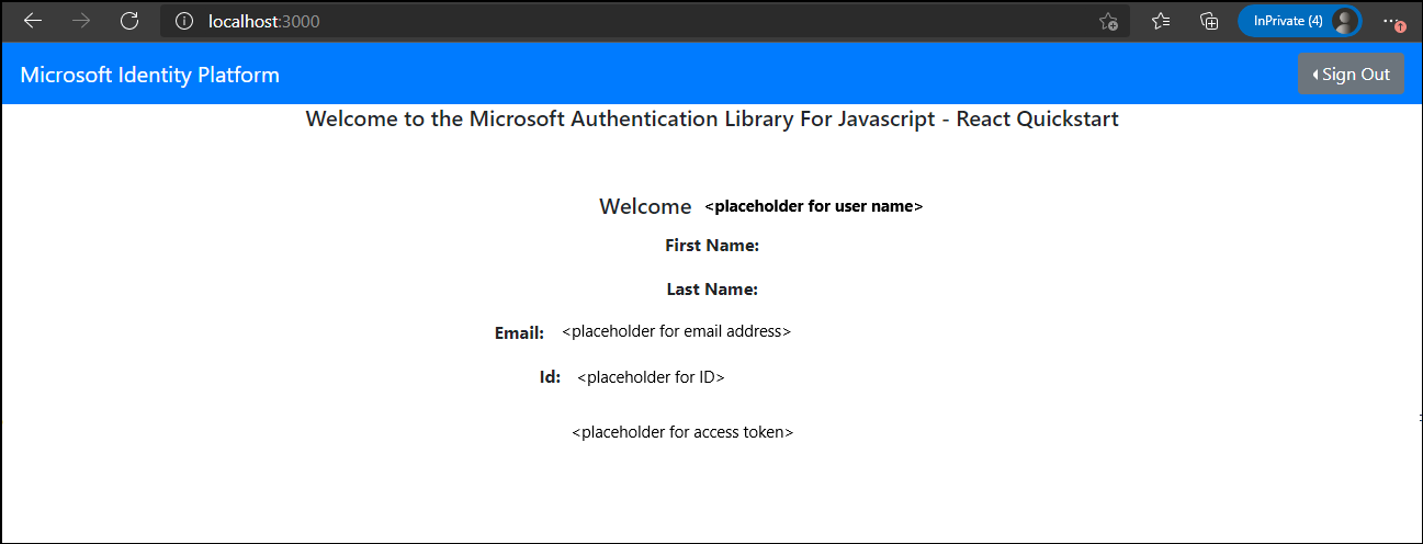 Schermopname van de pagina Welkom bij de Microsoft Authentication Library for JavaScript - React Quickstart met de profielgegevens van adatumuser1.