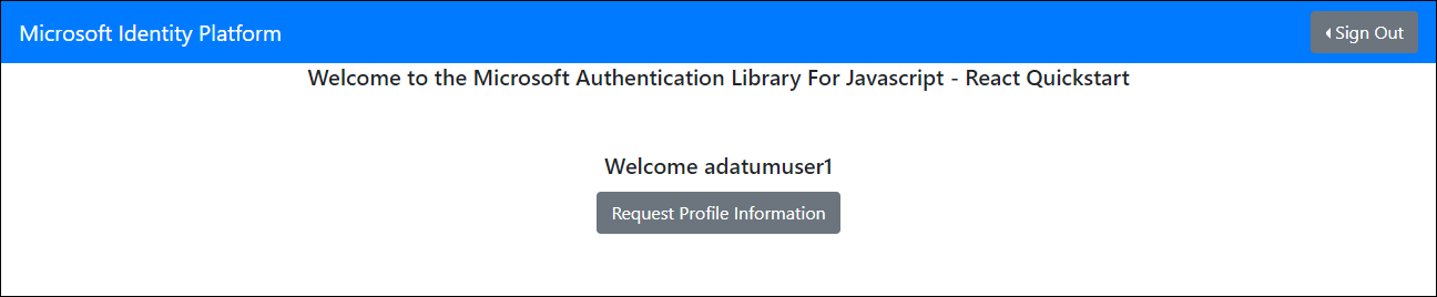 Schermopname van de pagina Welkom bij de Microsoft Authentication Library for JavaScript - React Quickstart met de knop Profielgegevens aanvragen.