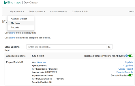 Schermopname van de bing Kaarten-ontwikkelaarscentrumportal met mijn sleutelspagina geselecteerd met details van de ontwikkelaarssleutel.