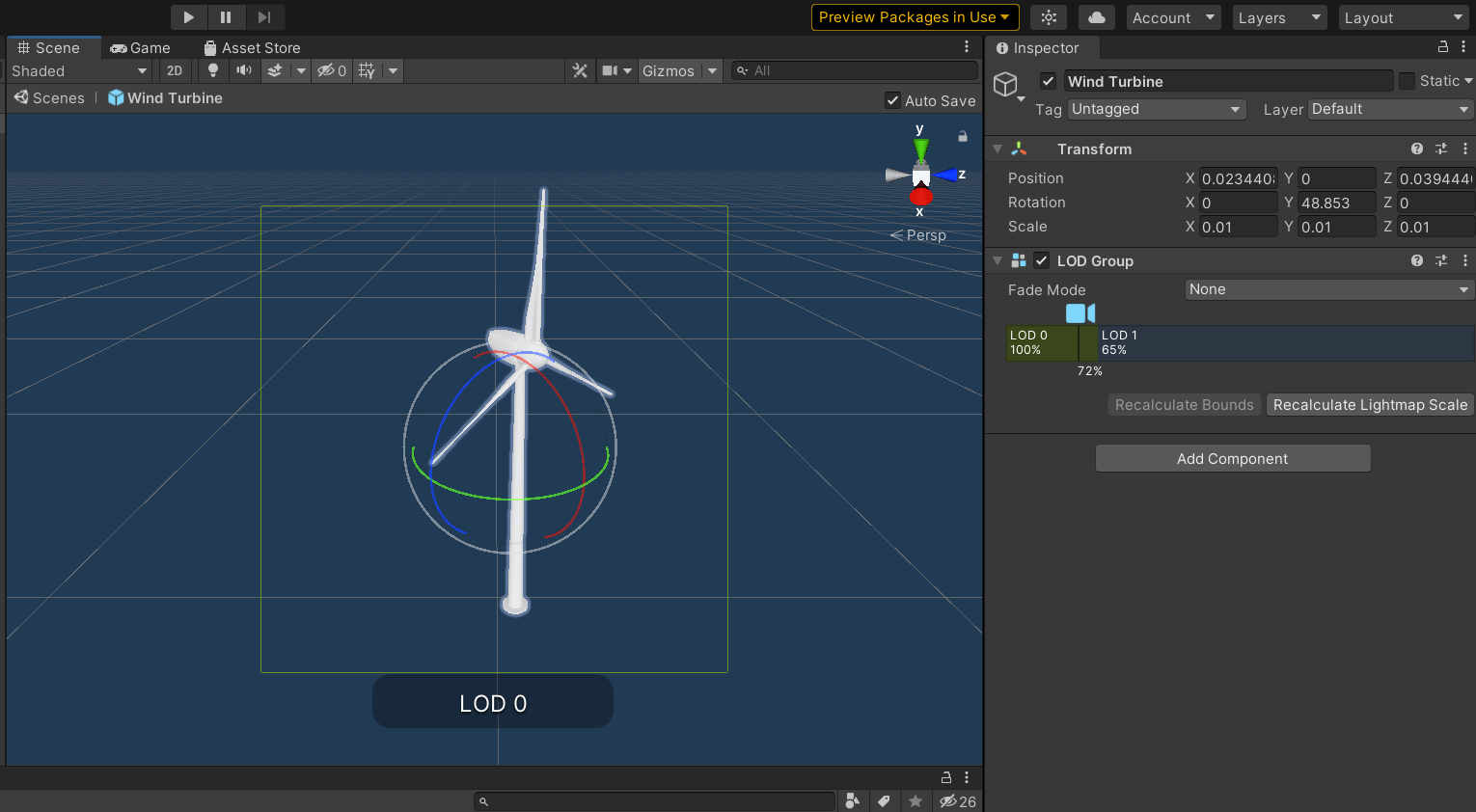 Schermopname van het Unity-scènevenster met de windturbine-prefab in beeld.