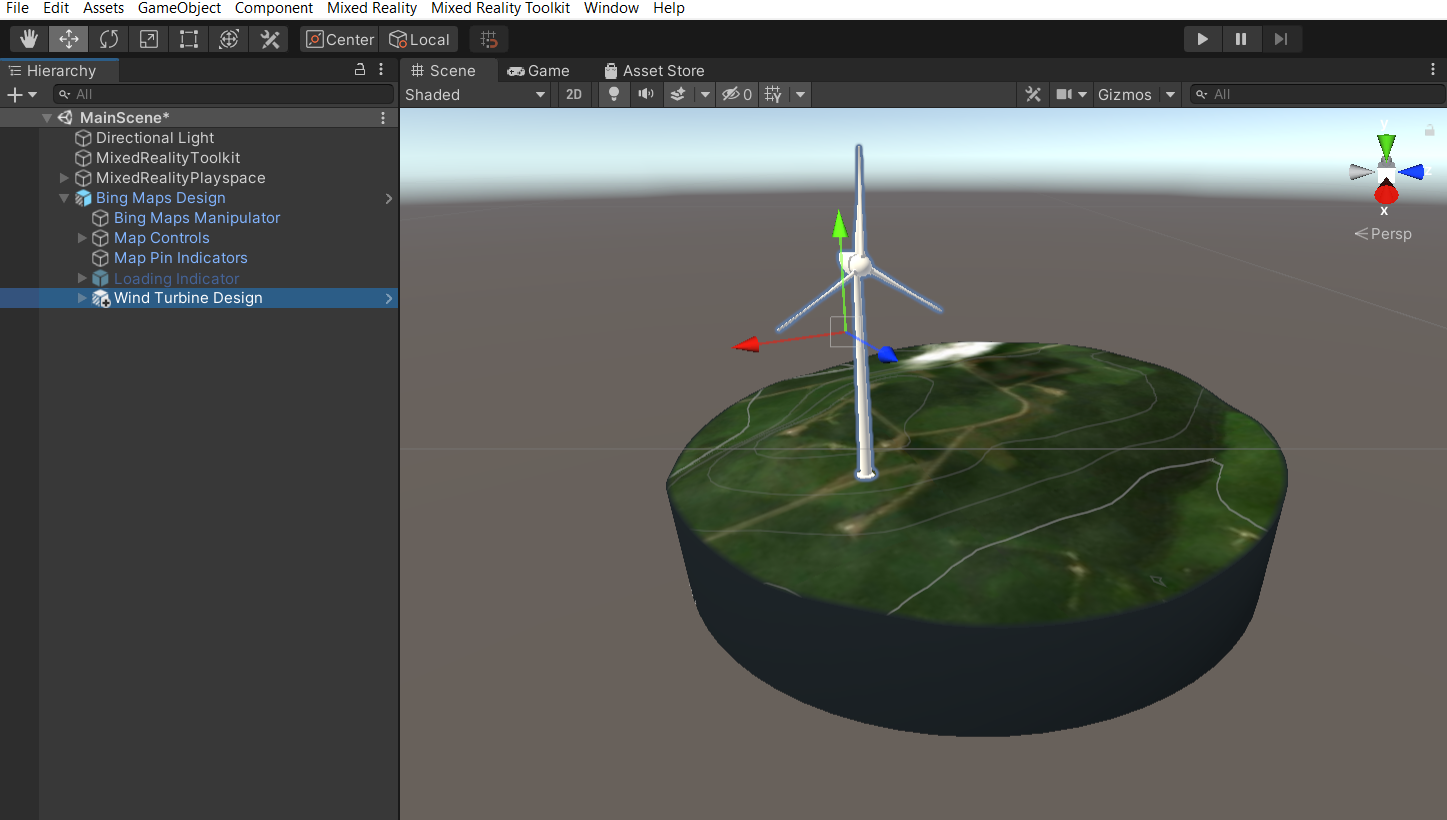 Schermopname van het unity-hiërarchievenster met de hoofdscène geselecteerd en het onderliggende object van het windturbineontwerp uitgevouwen. Het hulpmiddel Verplaatsen is ook geselecteerd.