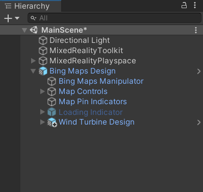 Schermopname van het unity-hiërarchievenster met de hoofdscène geselecteerd en het onderliggende object van Bing Kaarten-ontwerp uitgevouwen.