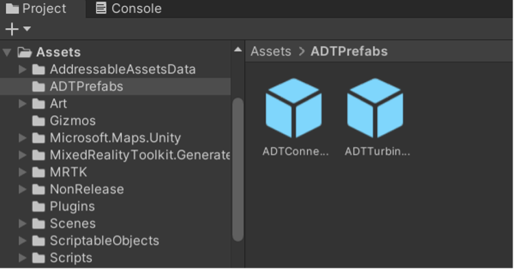 Schermopname van de ADT-prefabobjecten in het Unity-projectvenster.