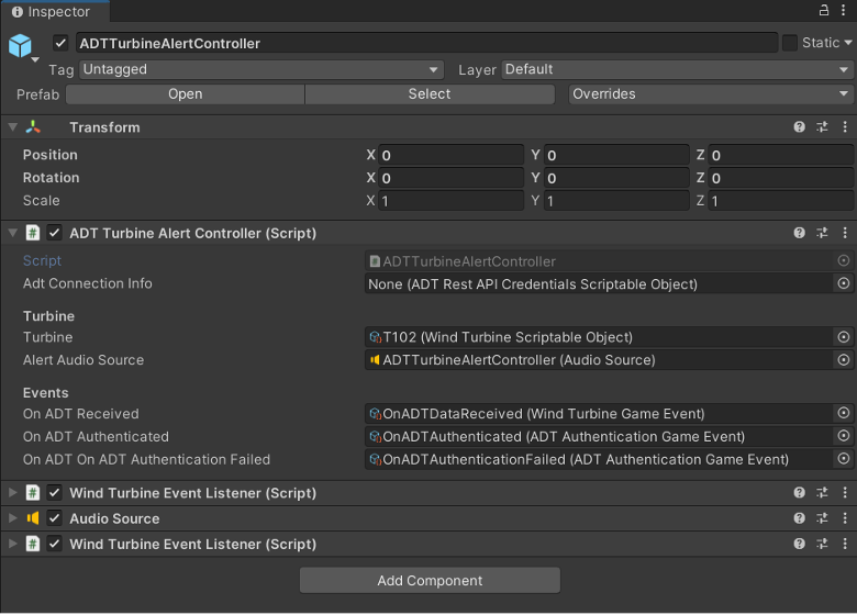 Schermopname van de ADT-turbinewaarschuwingscontroller in de Unity-inspector.