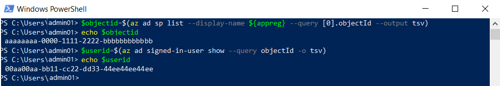 Schermopname van het gebruik van de Windows PowerShell-omgeving om het app-object en de gebruikers-id op te halen.