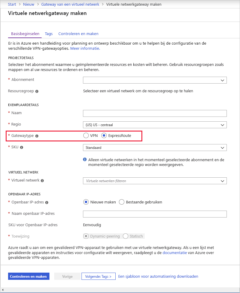 Screenshot of creating a virtual network gateway with the gateway type set to ExpressRoute.