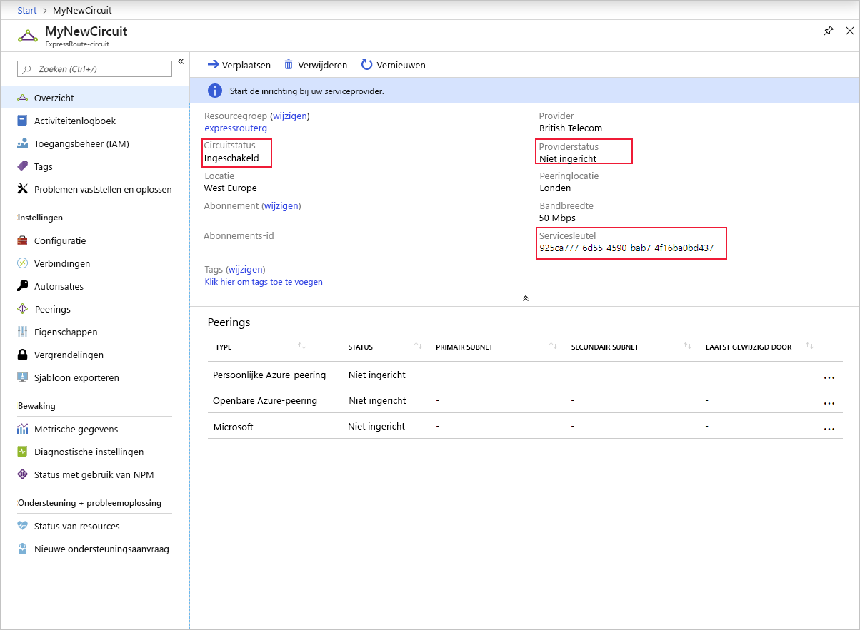 Screenshot of provisioning a circuit by using the Azure portal.