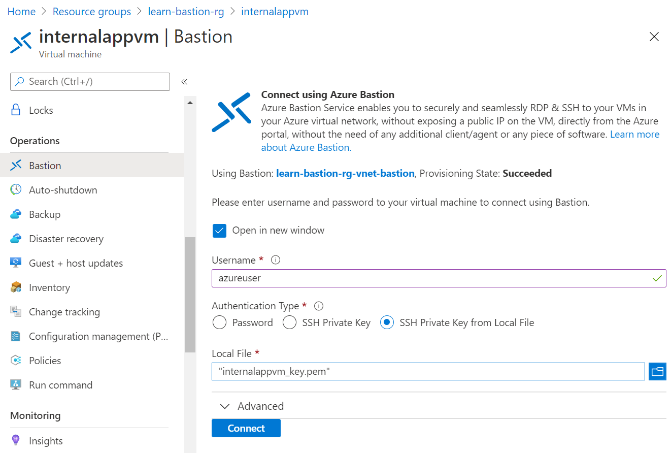 Schermopname van de pagina Verbinding maken met behulp van Azure Bastion, met een prompt voor de gebruikersnaam en het verificatietype.