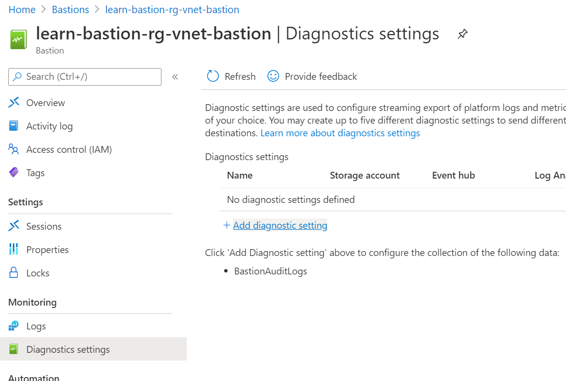 Schermopname van de koppeling Diagnostische instellingen toevoegen op de pagina Diagnostische instellingen.