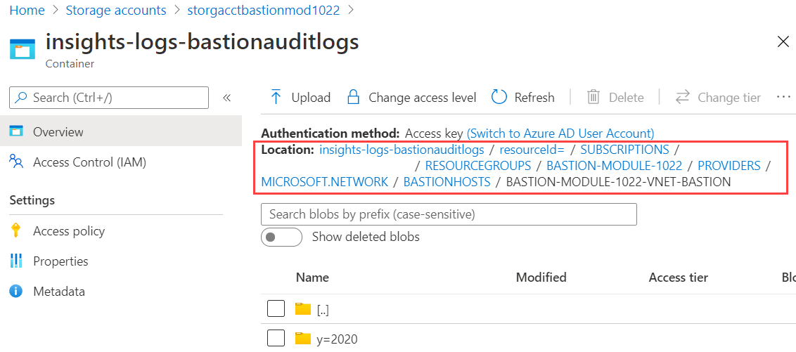 Schermopname van het bestand insights-logs voor Azure Bastion waarin te zien is dat map zich bevindt op het niveau van de Azure Bastion-hostresource.