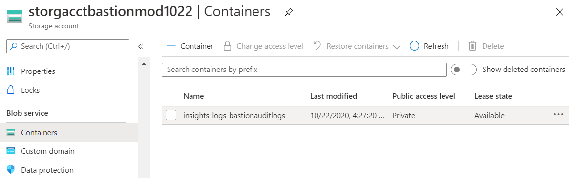 Schermopname van een opslagaccount met een container met de naam insights-logs-bastionauditlogs.