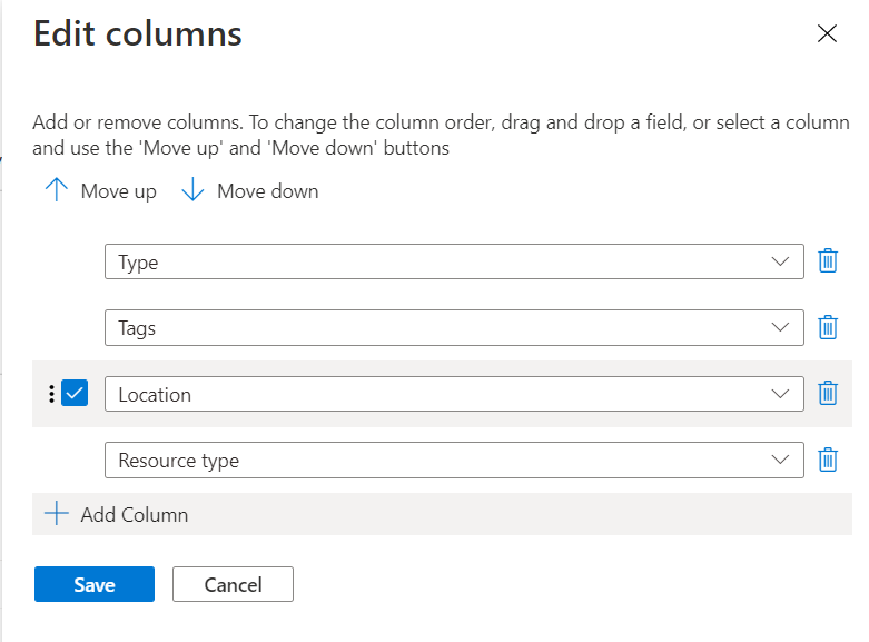 Schermopname van Azure Portal met het dialoogvenster Kolommen bewerken met de beschikbare kolommen aan de linkerkant en de geselecteerde kolommen aan de rechterkant.