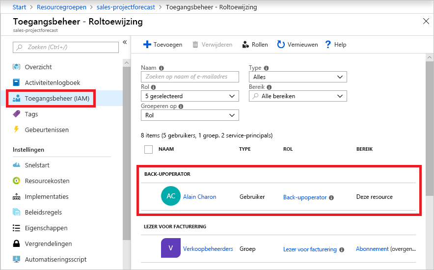 Schermopname van het Azure Portal-deelvenster Toegangsbeheer - Roltoewijzing waarin de rollen Back-upoperator en Facturering voor lezer zijn toegewezen aan verschillende gebruikers.