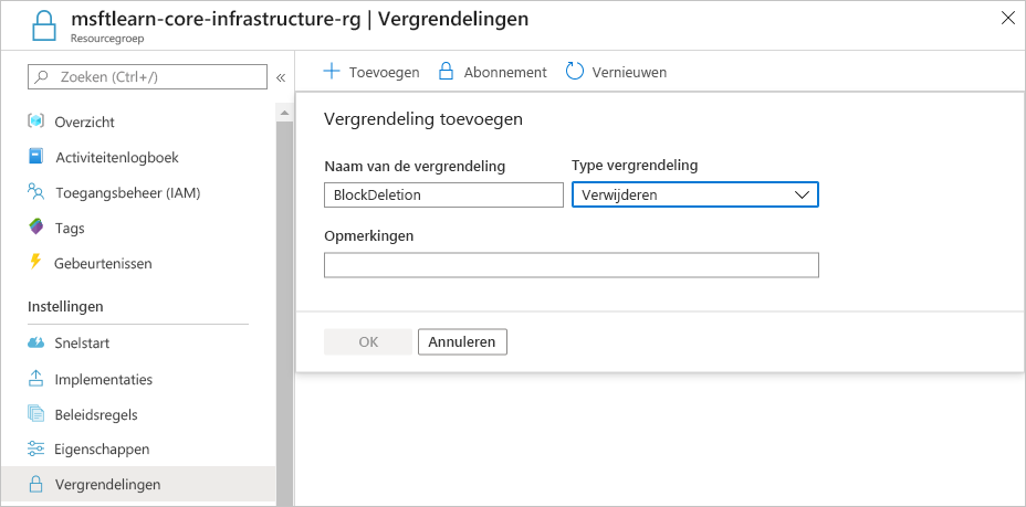 Schermopname van Azure Portal waarin een nieuwe resourcevergrendeling voor verwijderen wordt geconfigureerd.