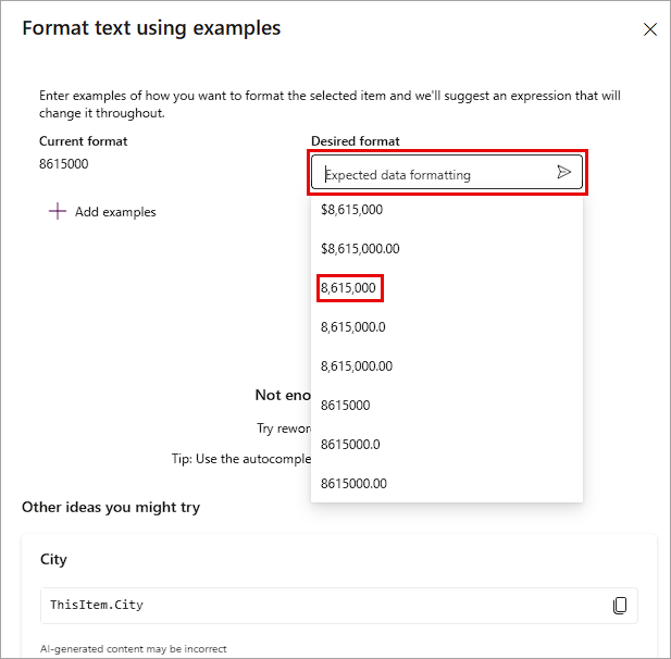 Screenshot of the Format text using examples dialog.