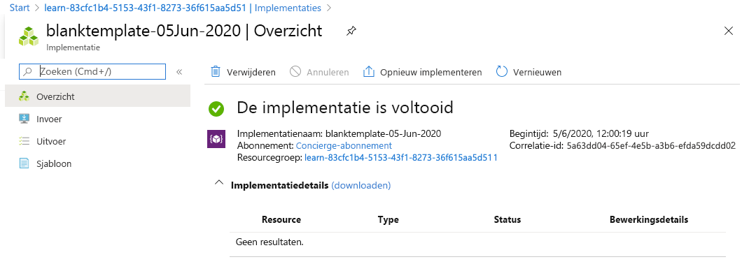 Azure-portal-interface voor de specifieke implementatie waarvoor geen resources worden weergegeven.