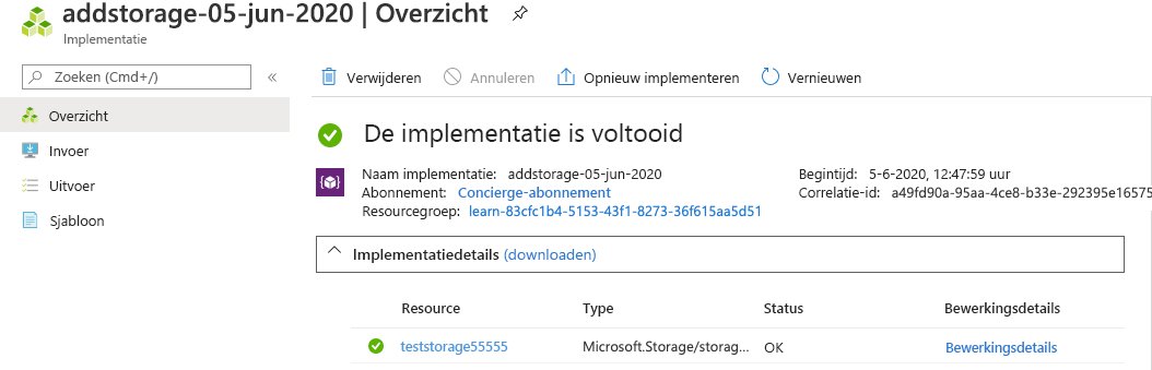 Schermopname van de Azure Portal-interface voor de specifieke implementatie met één resource in de lijst.