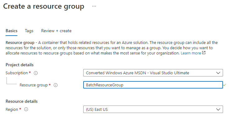 Schermopname van het maken van een resourcegroep in Azure Portal.