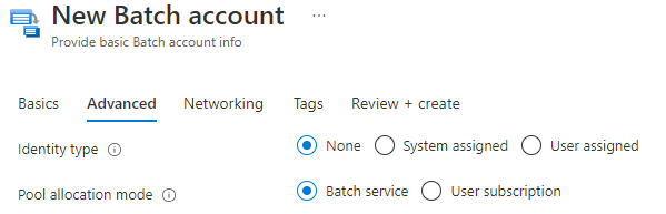 Een schermopname van de selectie van de pooltoewijzingsmodus op het tabblad Geavanceerd bij het maken van een Batch-account in Azure Portal.