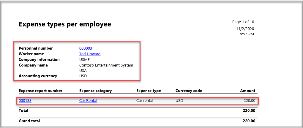  Screenshot  of an Expense type per employee report.