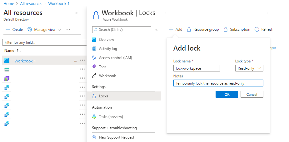 Schermopname van het vergrendelen van een resource in Azure Portal.