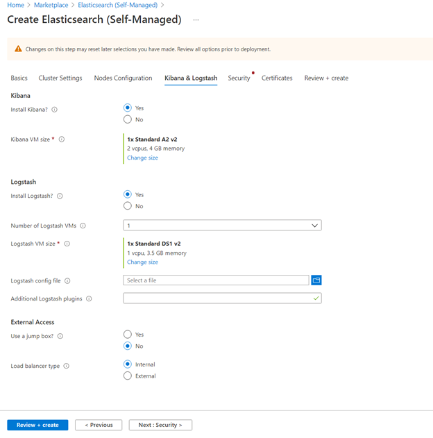 Een schermopname van het Kibana & Logstash-menu in Azure Portal.