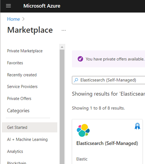 Een schermopname van de elasticsearch-sjabloon (zelfbeheerd) in Azure Marketplace.