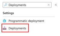 Schermopname van het zoekvak van Azure Portal en het menu-item Implementaties.