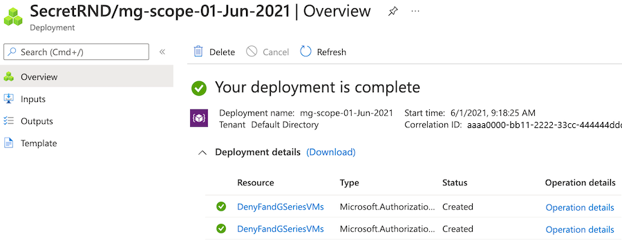 Schermopname van het deelvenster Overzicht van Azure Portal voor de geselecteerde implementatie.