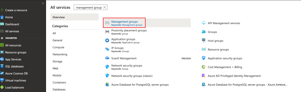 Schermopname van de Azure Portal-interface met de servicelijst met 'Beheergroepen' gemarkeerd.