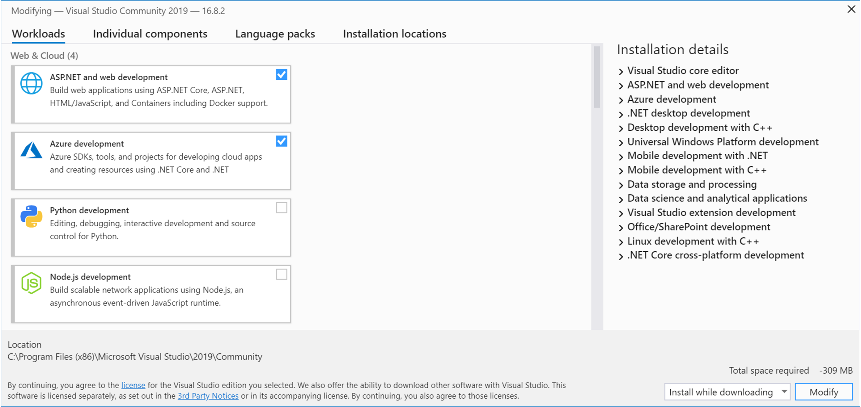 Schermopname van het tabblad Workloads van Visual Studio Community 2022 wijzigen met ASP.NET en webontwikkeling en Azure-ontwikkeling gemarkeerd.