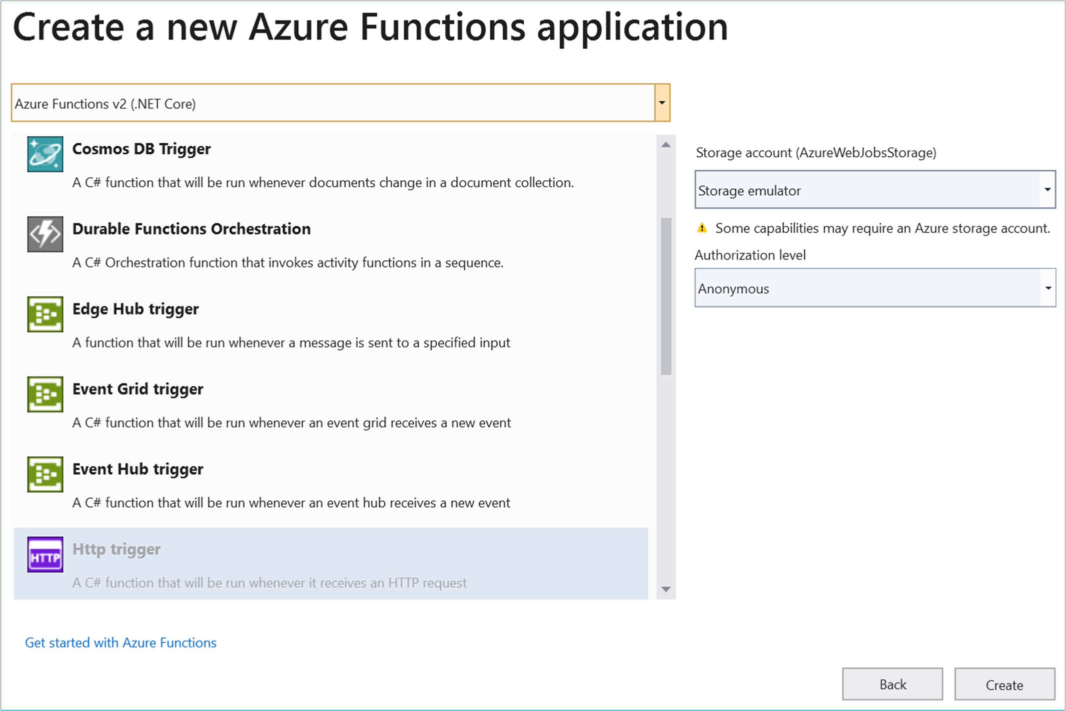 Schermopname van Azure Functions-triggers, met HTTP-trigger gemarkeerd.