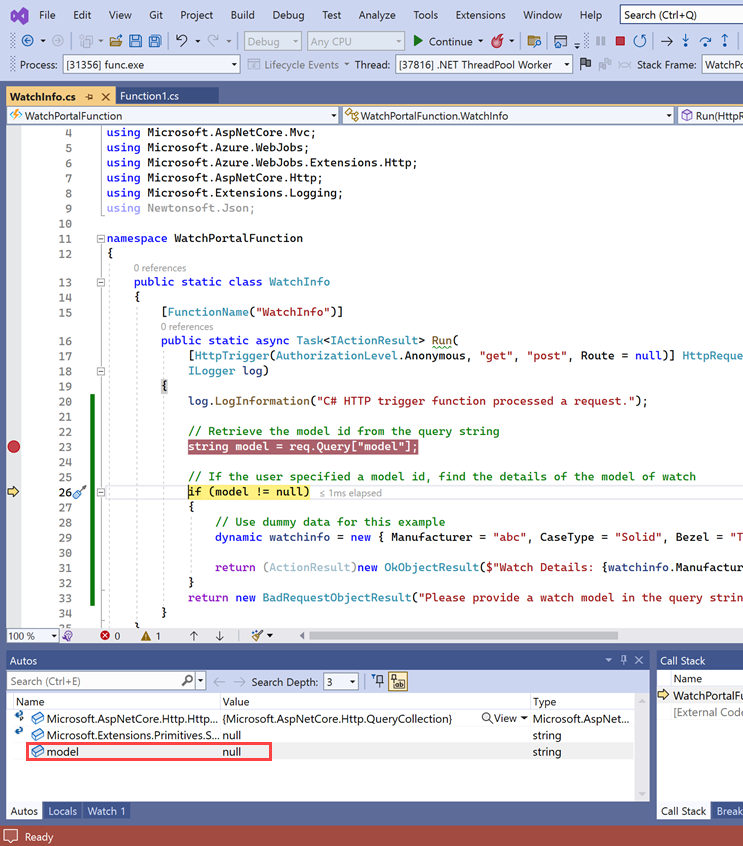 Schermopname van visual Studio-foutopsporingsprogramma met de waarde van de modelvariabele.