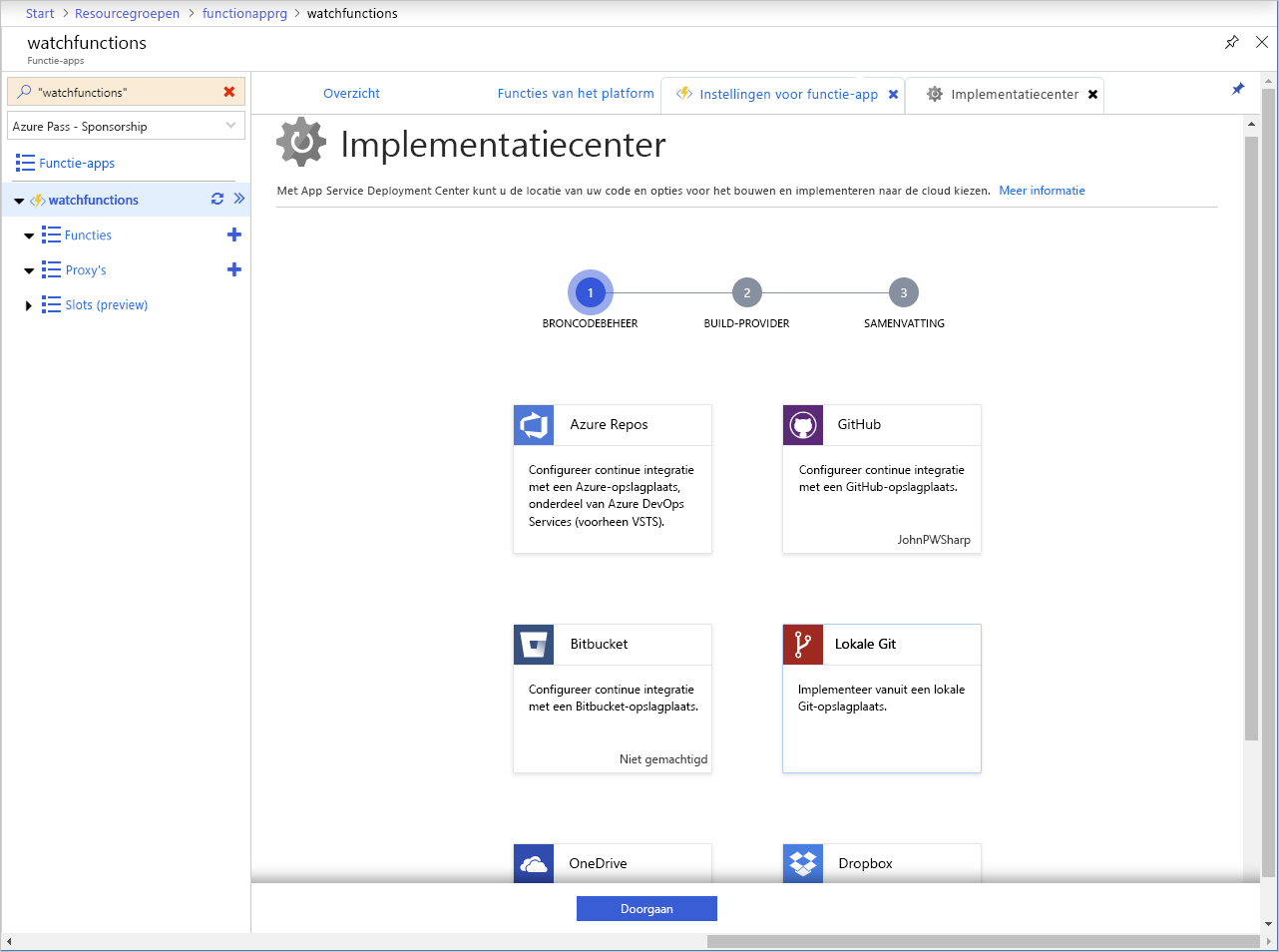 Schermopname van de pagina Implementatiecentrum in een Azure Functions-app.