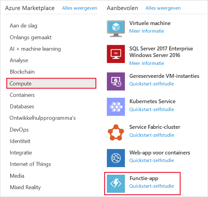 Schermopname van de optie Compute-categorie en Functie-app-service.
