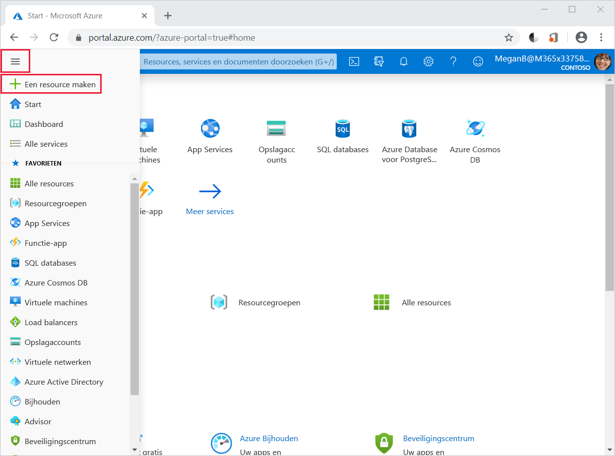 Schermopname van het Azure Portal-menu en de optie Een resource maken.