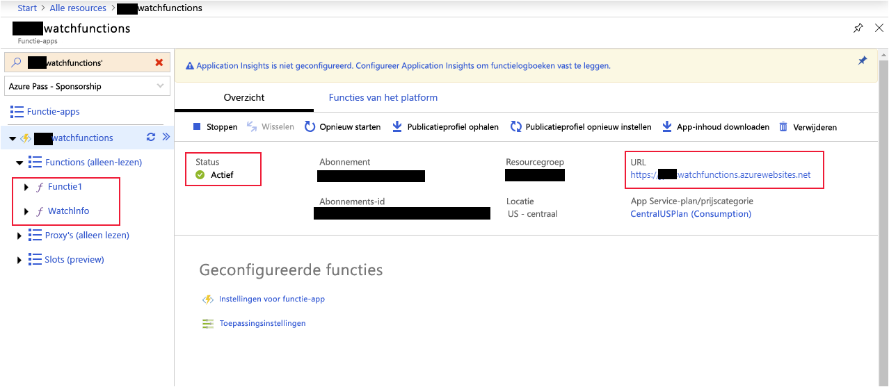 Schermopname van het deelvenster Functie-app in Azure Portal met de functies Function1 en WatchInfo.