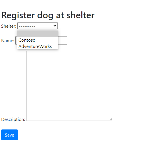 Schermopname van de pagina Hond registreren, met de vervolgkeuzelijst voor Shelter gemarkeerd.