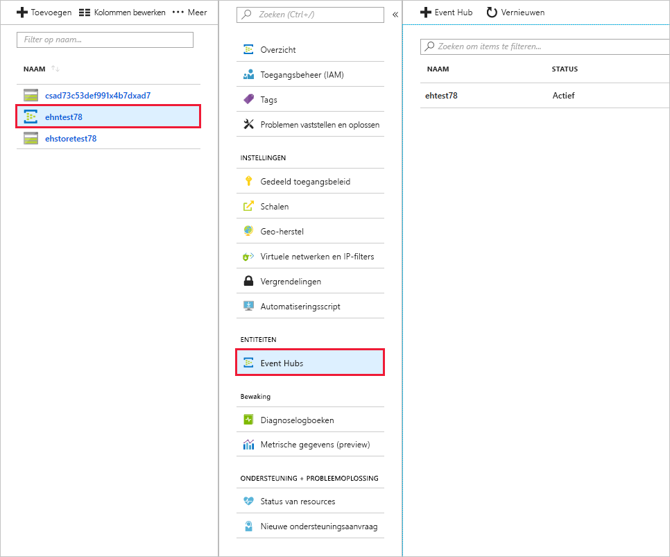 Event Hub weergegeven in Azure Portal.