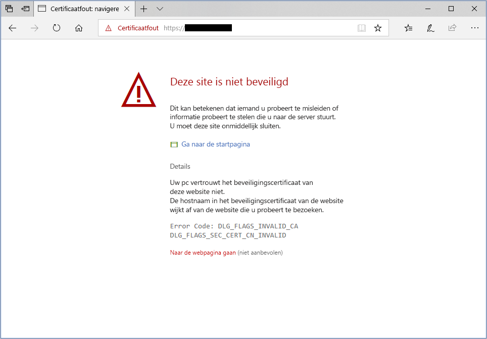 Screenshot of a warning about an unauthenticated server in Microsoft Edge.