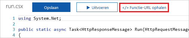 Schermopname van Azure Portal met een deelvenster met een Functions-app met de knop Functie-URL ophalen van de app gemarkeerd.