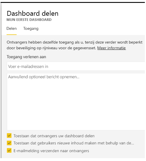 Schermopname van het dialoogvenster 'Delen dashboard'.