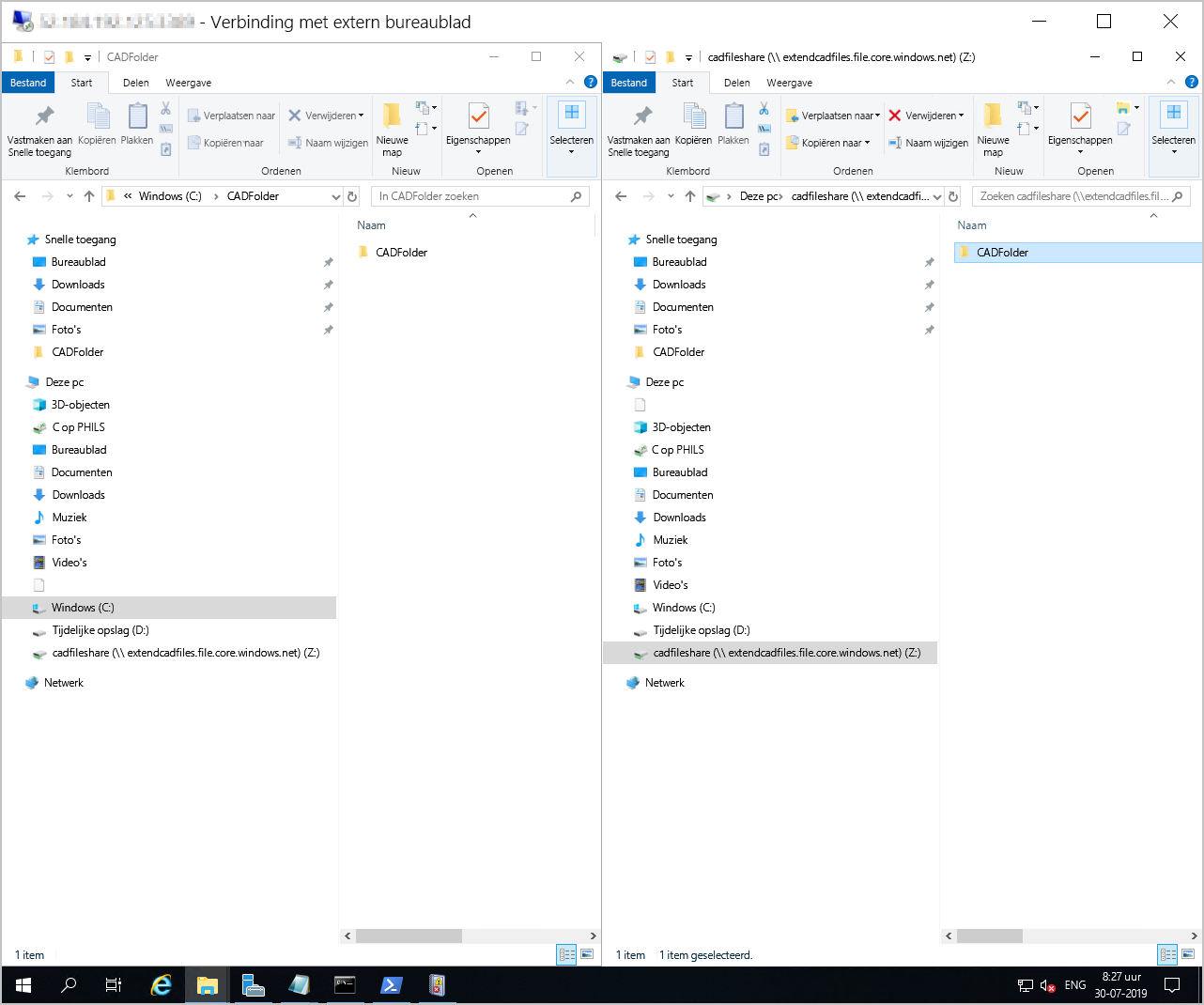 Schermopname van twee Bestandenverkenner-vensters naast elkaar.
