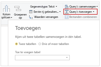 Schermopname van de knop Query's toevoegen en het dialoogvenster.