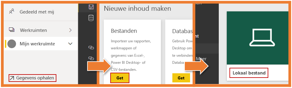 Drie schermopnamen met de knoppen Gegevens weergeven, Weergeven en Lokale bestand.