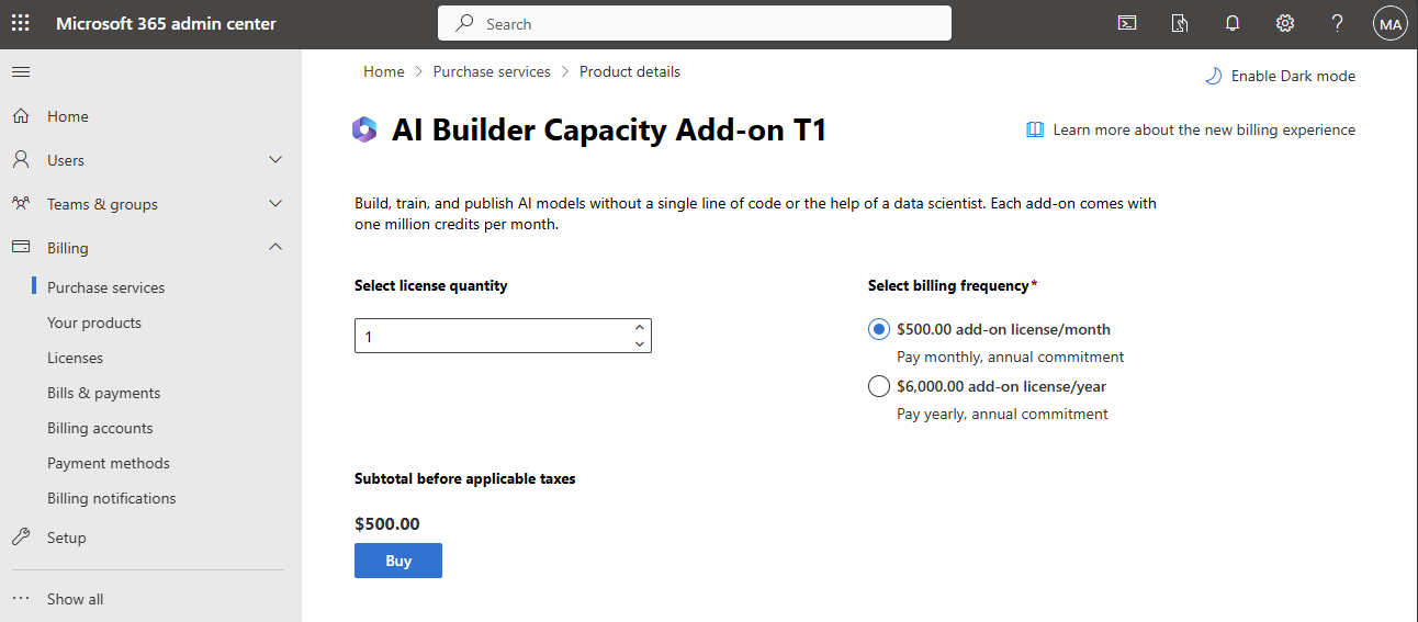 Screenshot of the Admin center portal on the AI Builder Capacity add-on page.