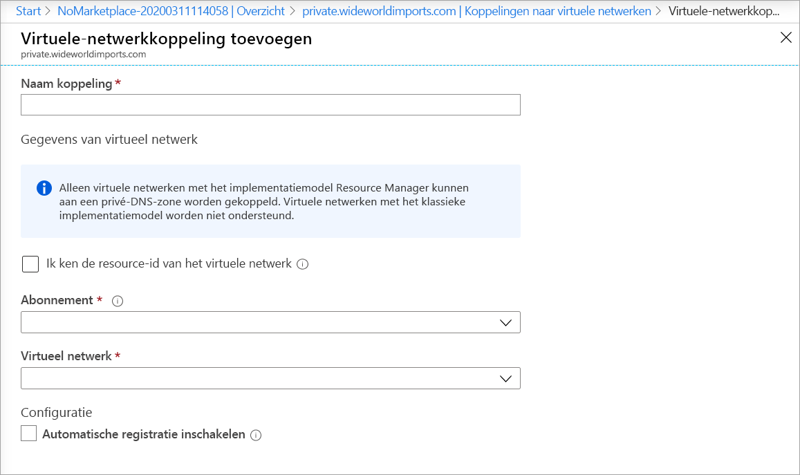 Schermopname van de pagina Koppeling voor virtueel netwerk toevoegen.