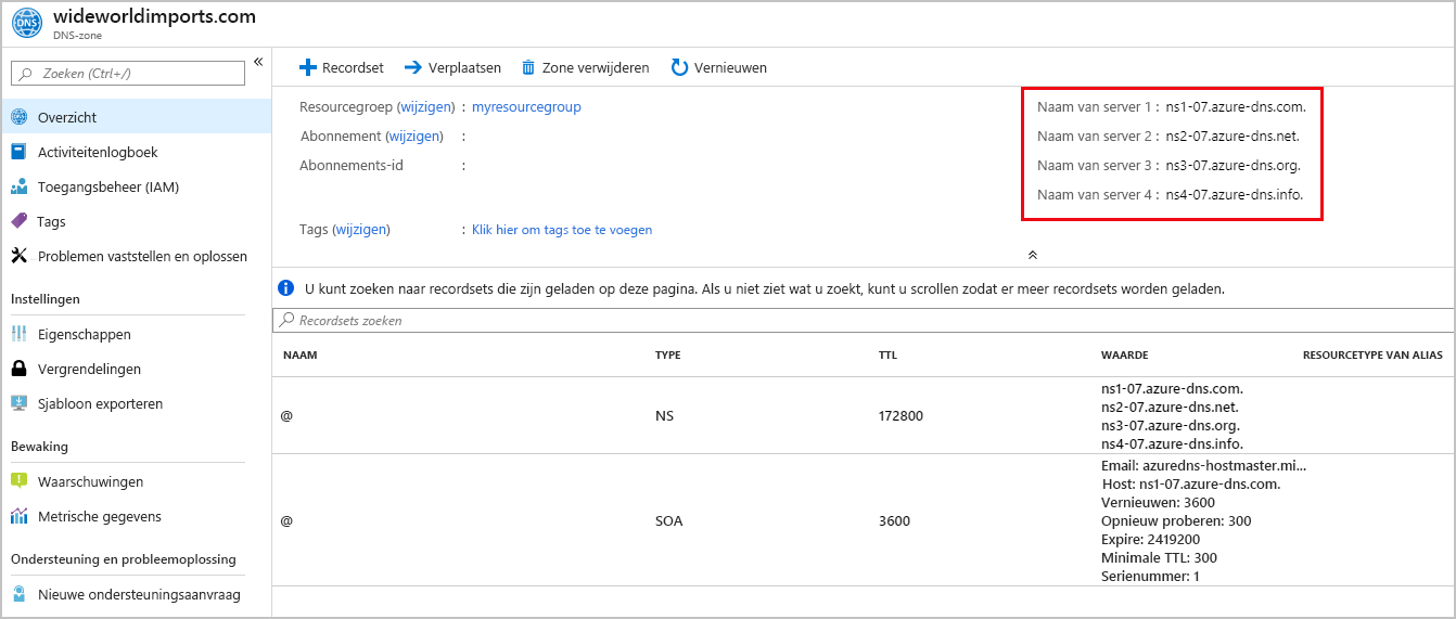 Schermopname van de naamserverdetails op de pagina DNS-zone.