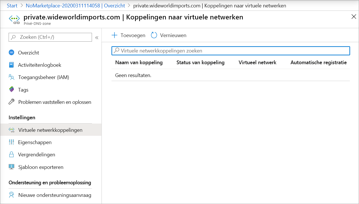 Schermopname van de pagina Virtual Network Links in een privé-DNS-zone.